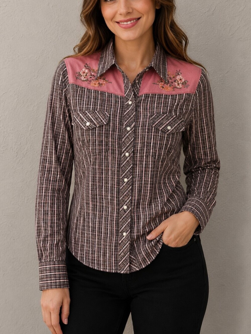 CRUEL GIRL Pink Plaid Floral Embroidered Western Snap Shirt